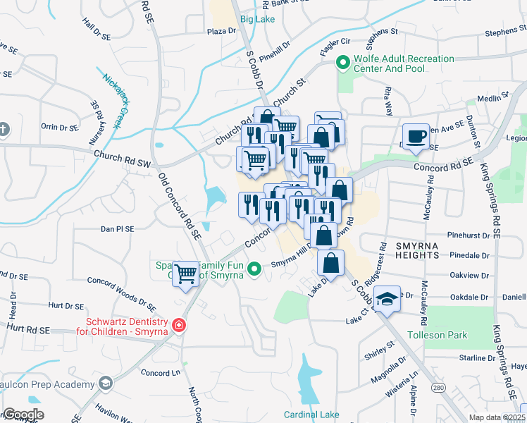 map of restaurants, bars, coffee shops, grocery stores, and more near 3244 Hampton Court Southeast in Smyrna