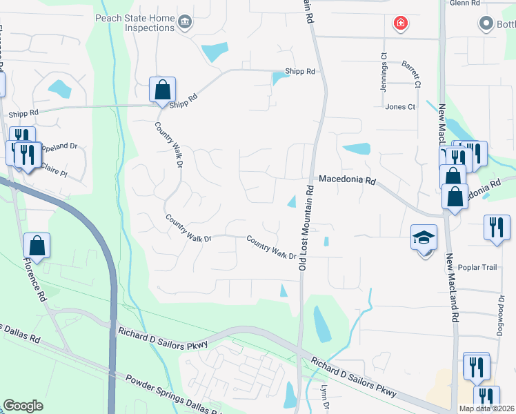 map of restaurants, bars, coffee shops, grocery stores, and more near 3409 Lochness Lane in Powder Springs