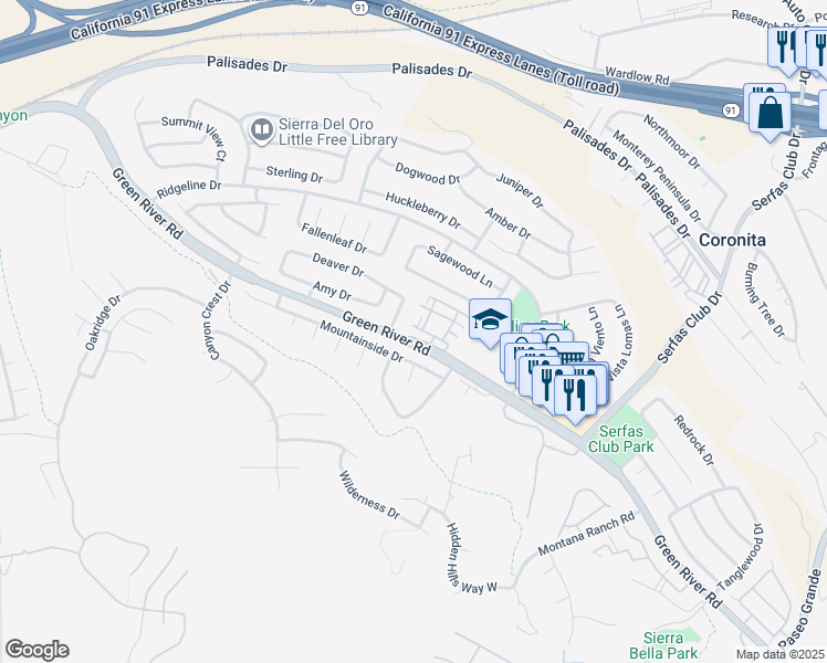 map of restaurants, bars, coffee shops, grocery stores, and more near 3190 Altura Court in Corona