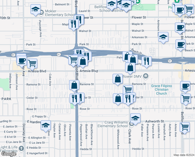 map of restaurants, bars, coffee shops, grocery stores, and more near 17432 Virginia Avenue in Bellflower