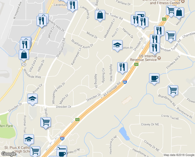 map of restaurants, bars, coffee shops, grocery stores, and more near 2925 Appling Drive in Atlanta