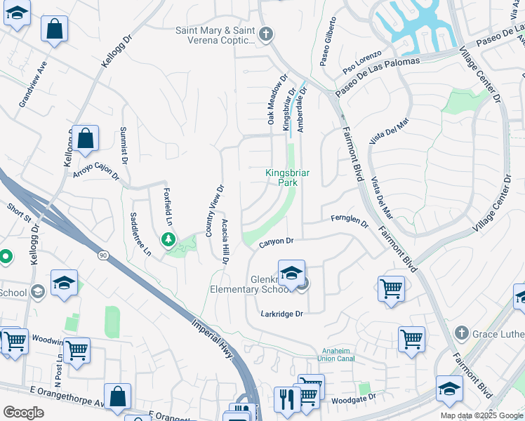 map of restaurants, bars, coffee shops, grocery stores, and more near 6086 Kingsbriar Drive in Yorba Linda