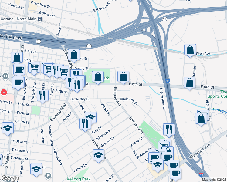 map of restaurants, bars, coffee shops, grocery stores, and more near 1065 Circle City Drive in Corona