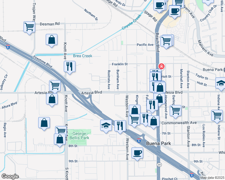 map of restaurants, bars, coffee shops, grocery stores, and more near 7361 Artesia Boulevard in Buena Park