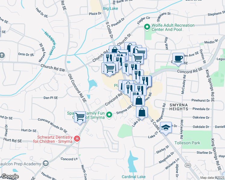 map of restaurants, bars, coffee shops, grocery stores, and more near 3244 Hampton Court Southeast in Smyrna
