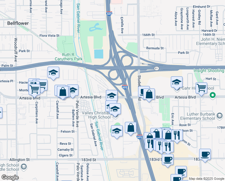 map of restaurants, bars, coffee shops, grocery stores, and more near 10757-10801 Artesia Boulevard in Cerritos