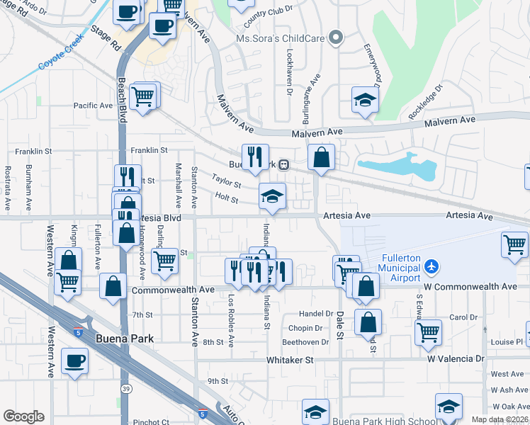 map of restaurants, bars, coffee shops, grocery stores, and more near 6021 Indiana Avenue in Buena Park
