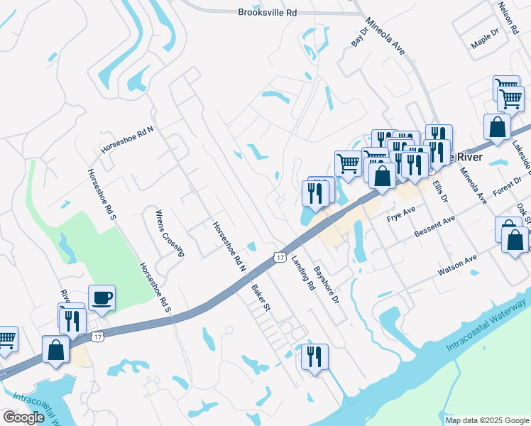 map of restaurants, bars, coffee shops, grocery stores, and more near 4281 Hibiscus Drive in Little River