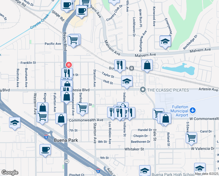 map of restaurants, bars, coffee shops, grocery stores, and more near 8102 Artesia Boulevard in Buena Park