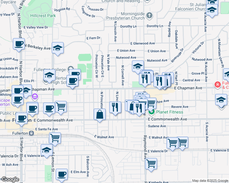 map of restaurants, bars, coffee shops, grocery stores, and more near 212 North Lincoln Avenue in Fullerton