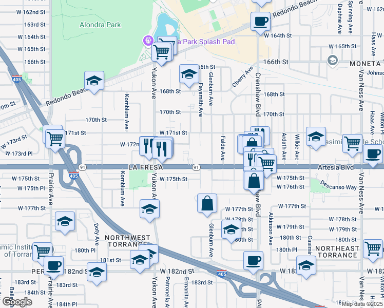 map of restaurants, bars, coffee shops, grocery stores, and more near 3349 Artesia Boulevard in Torrance