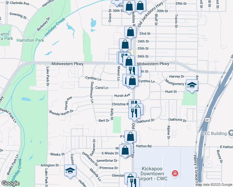 map of restaurants, bars, coffee shops, grocery stores, and more near 1517 Hursh Avenue in Wichita Falls