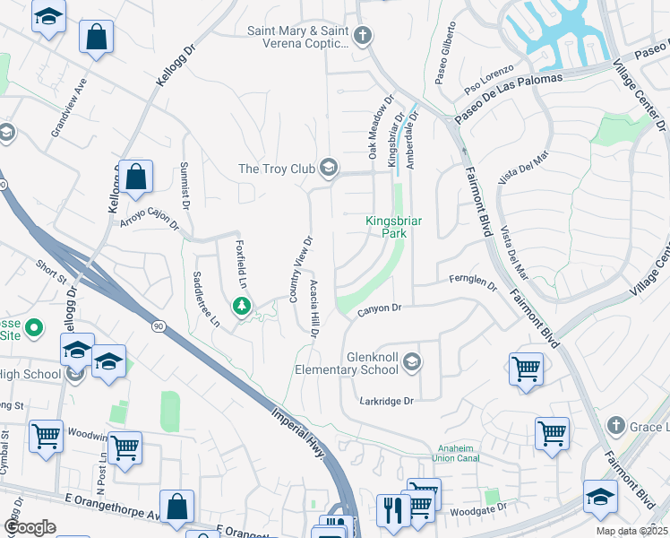 map of restaurants, bars, coffee shops, grocery stores, and more near Brookmont Drive in Yorba Linda