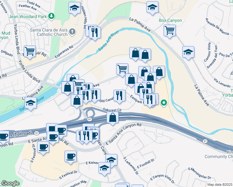 map of restaurants, bars, coffee shops, grocery stores, and more near 22653 Old Canal Road in Yorba Linda
