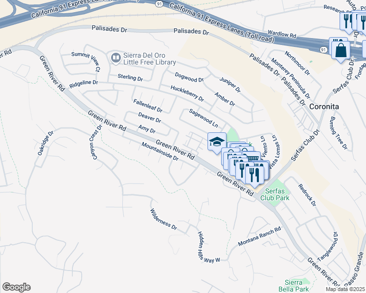 map of restaurants, bars, coffee shops, grocery stores, and more near 3190 Altura Court in Corona