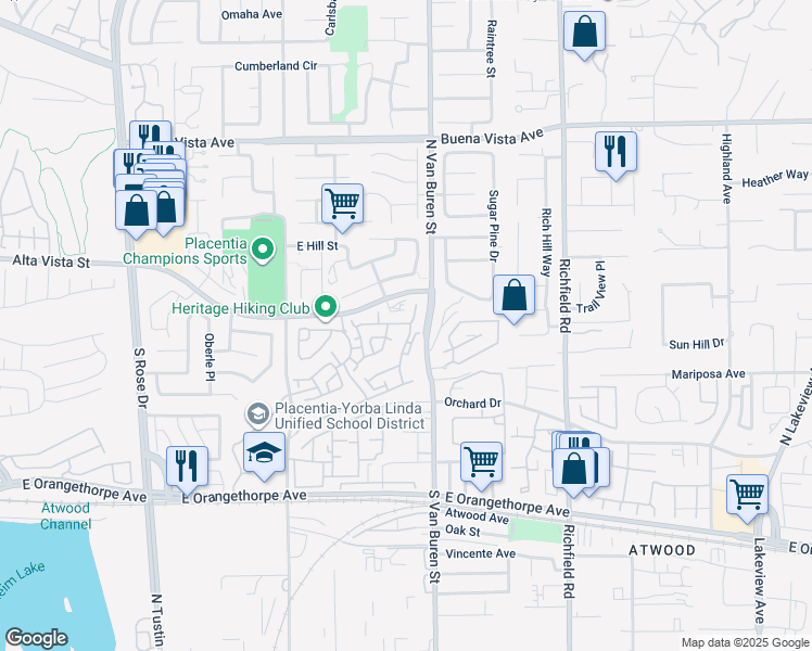 map of restaurants, bars, coffee shops, grocery stores, and more near 1585 East Cameron Way in Placentia