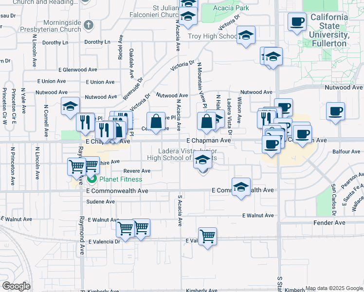 map of restaurants, bars, coffee shops, grocery stores, and more near 1-E East Chapman Avenue in Fullerton