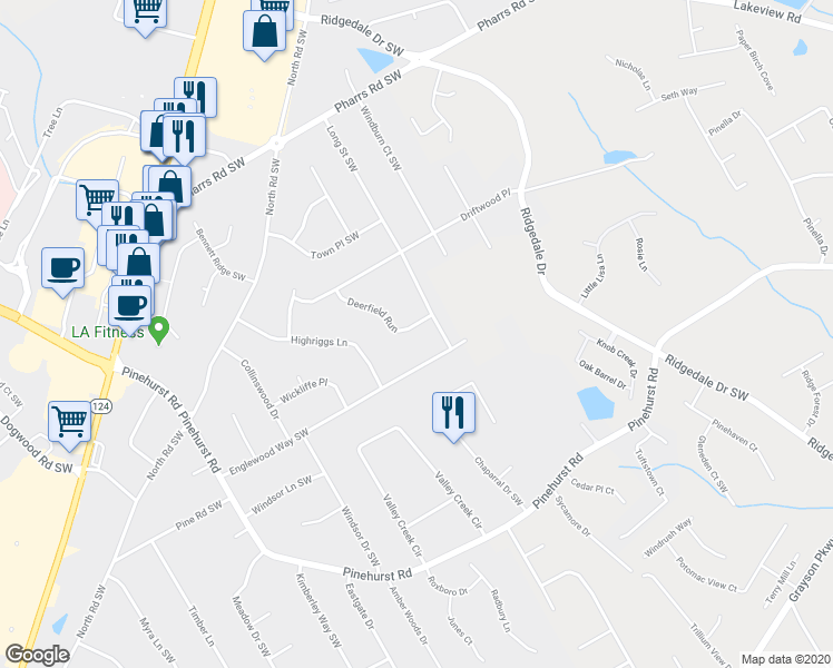 map of restaurants, bars, coffee shops, grocery stores, and more near 2053 Deerfield Run in Snellville