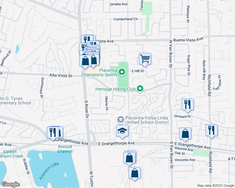 map of restaurants, bars, coffee shops, grocery stores, and more near 1317 Voigt Way in Placentia