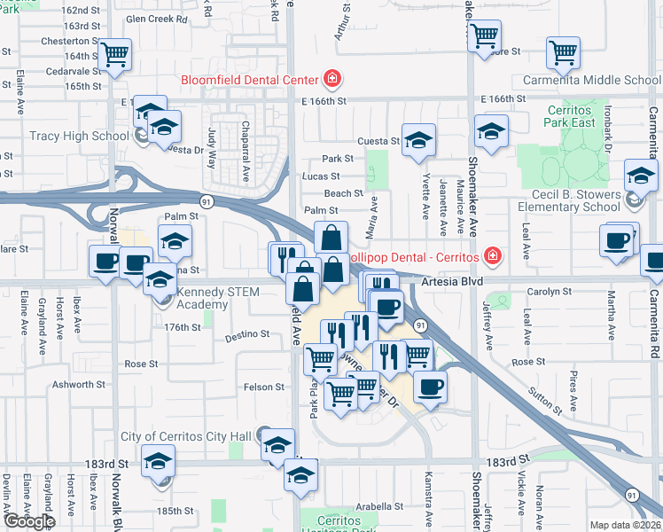 map of restaurants, bars, coffee shops, grocery stores, and more near 12651 Artesia Boulevard in Cerritos