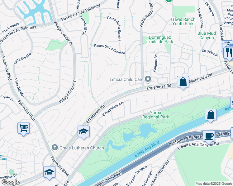 map of restaurants, bars, coffee shops, grocery stores, and more near 20720 Cottonwood Road in Yorba Linda