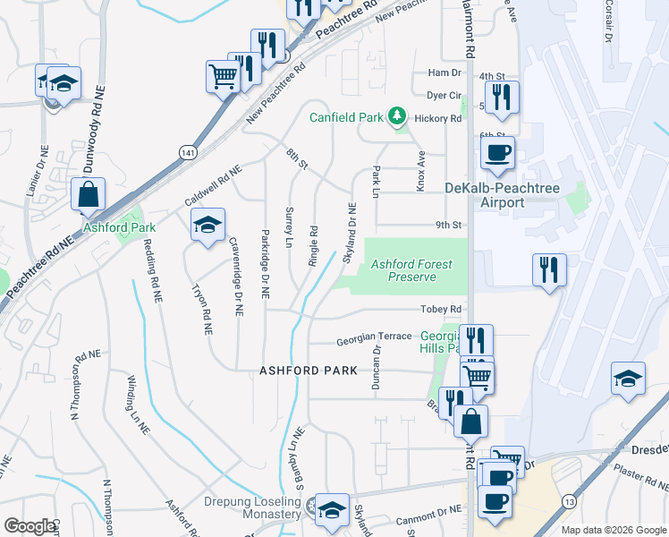 map of restaurants, bars, coffee shops, grocery stores, and more near 2962 Skyland Dr NE in Chamblee