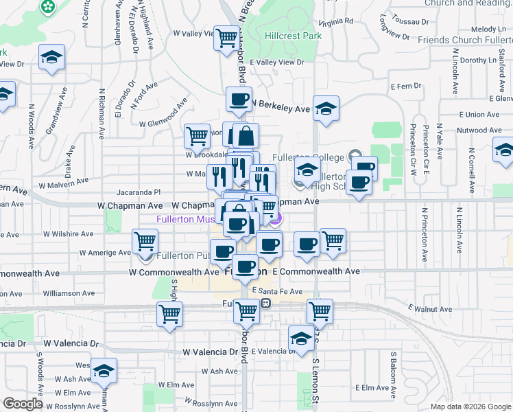 map of restaurants, bars, coffee shops, grocery stores, and more near 510 North Harbor Boulevard in Fullerton