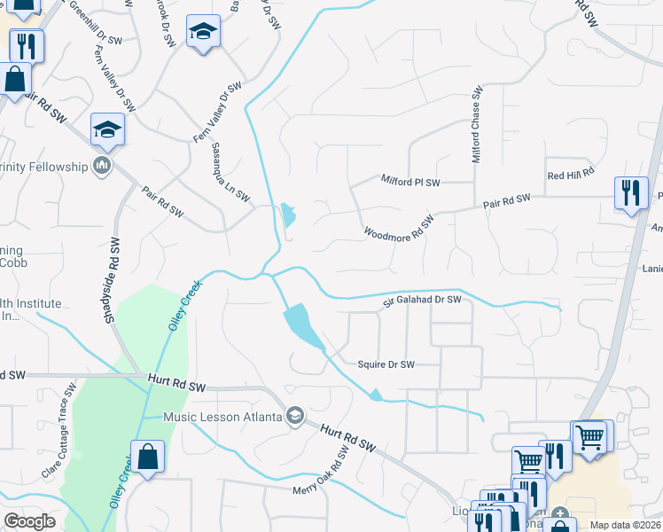 map of restaurants, bars, coffee shops, grocery stores, and more near 3426 Sandlake Drive Southwest in Marietta