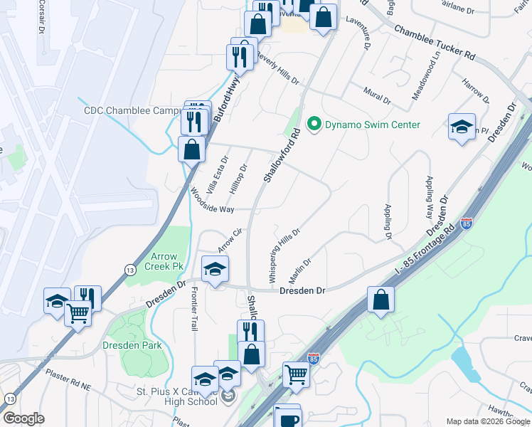 map of restaurants, bars, coffee shops, grocery stores, and more near 2959 Shallowford Road in Chamblee