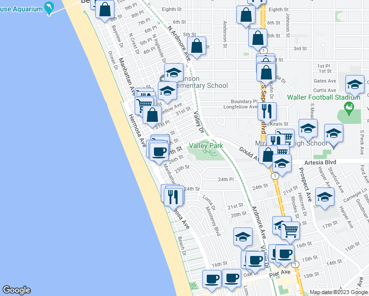 map of restaurants, bars, coffee shops, grocery stores, and more near 356 27th Street in Hermosa Beach