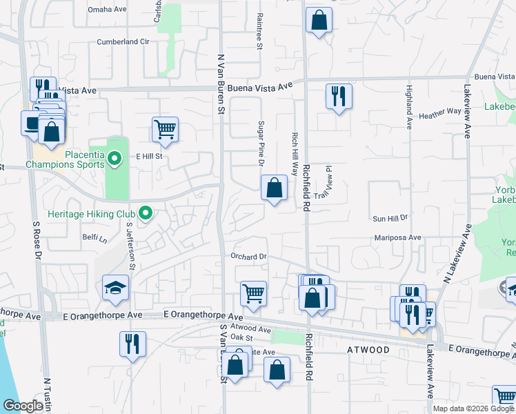 map of restaurants, bars, coffee shops, grocery stores, and more near in Placentia