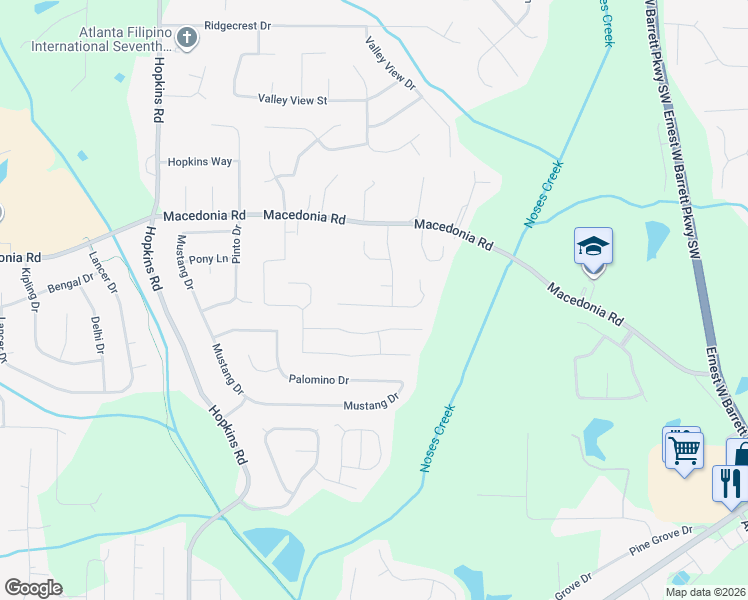 map of restaurants, bars, coffee shops, grocery stores, and more near 3158 Thornbush Court in Powder Springs