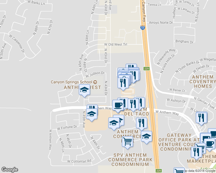 map of restaurants, bars, coffee shops, grocery stores, and more near 42903 North 43rd Drive in New River