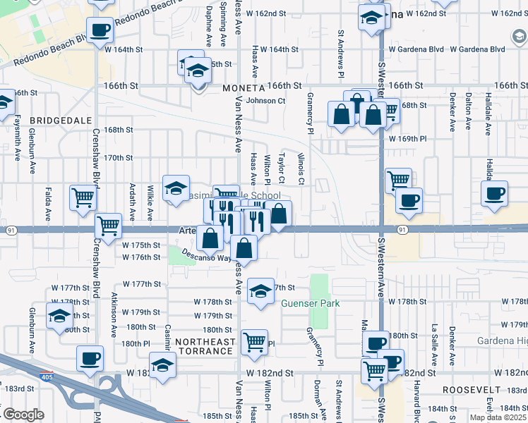 map of restaurants, bars, coffee shops, grocery stores, and more near 17227 Wilton Place in Torrance