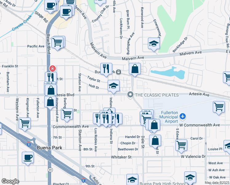 map of restaurants, bars, coffee shops, grocery stores, and more near 20 Preston Lane in Buena Park