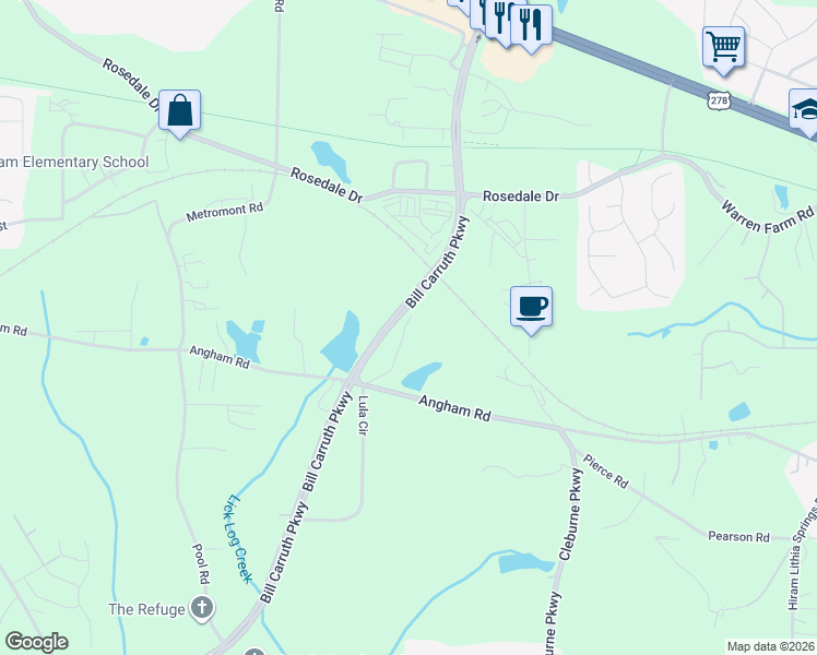 map of restaurants, bars, coffee shops, grocery stores, and more near Lula Circle in Hiram