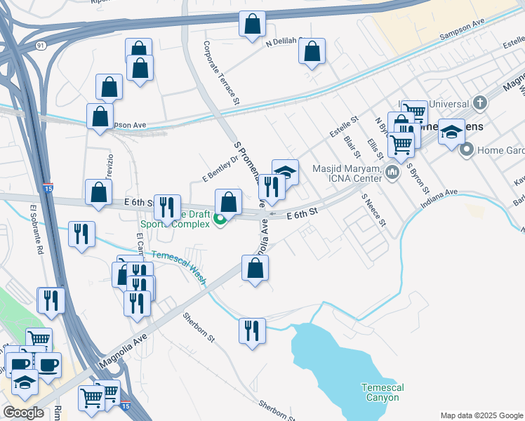 map of restaurants, bars, coffee shops, grocery stores, and more near Promenade Avenue in Corona