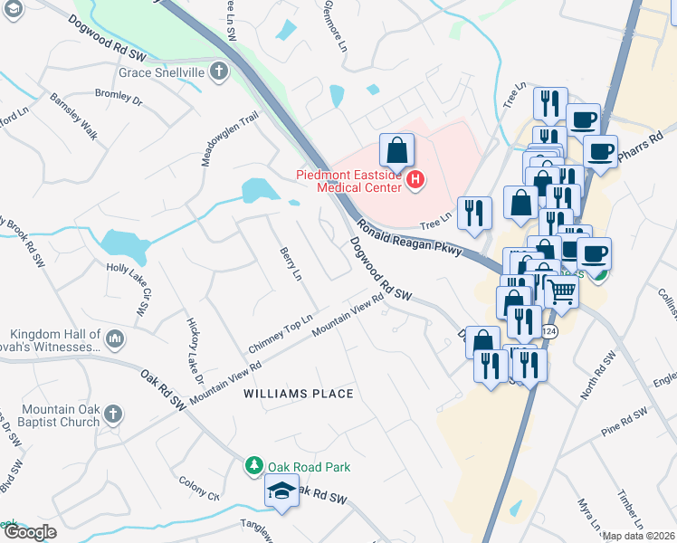 map of restaurants, bars, coffee shops, grocery stores, and more near 1915 Glenhurst Drive in Snellville