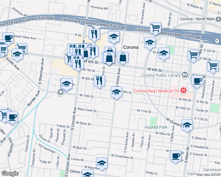 map of restaurants, bars, coffee shops, grocery stores, and more near 917 West 9th Street in Corona
