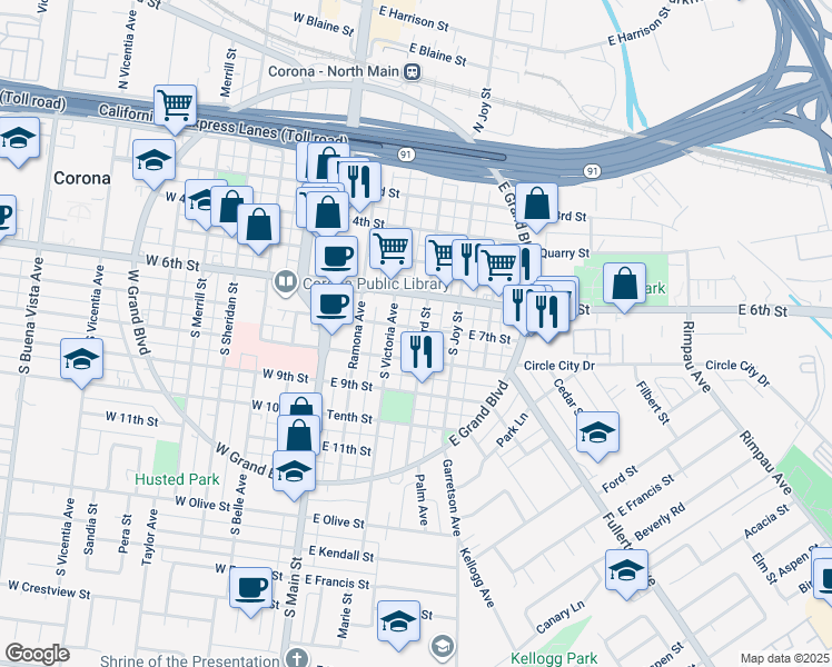 map of restaurants, bars, coffee shops, grocery stores, and more near 613 South Howard Street in Corona