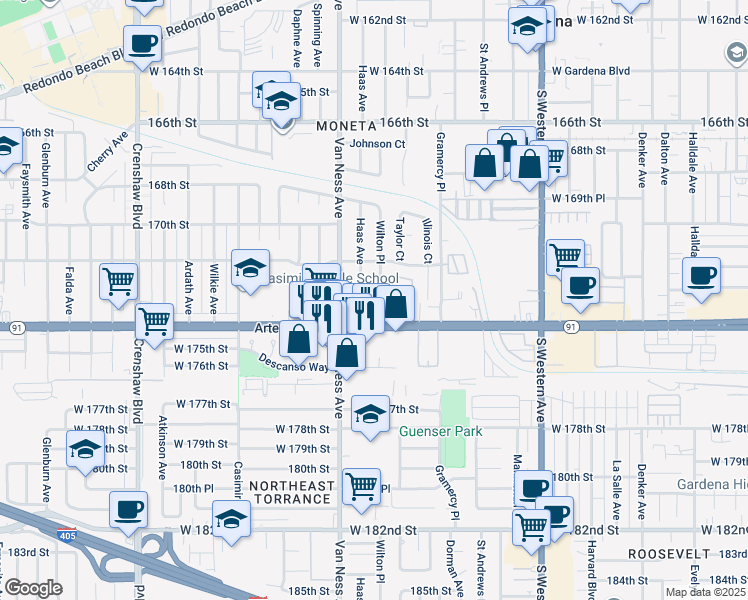 map of restaurants, bars, coffee shops, grocery stores, and more near 17227 Wilton Place in Torrance