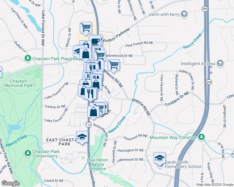 map of restaurants, bars, coffee shops, grocery stores, and more near 340 West Wieuca Road Northeast in Atlanta