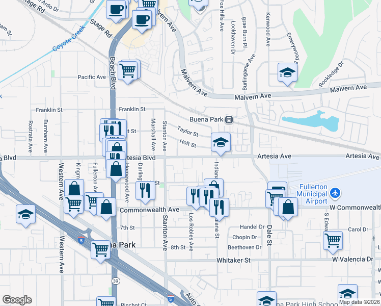 map of restaurants, bars, coffee shops, grocery stores, and more near 8111 Holt Street in Buena Park