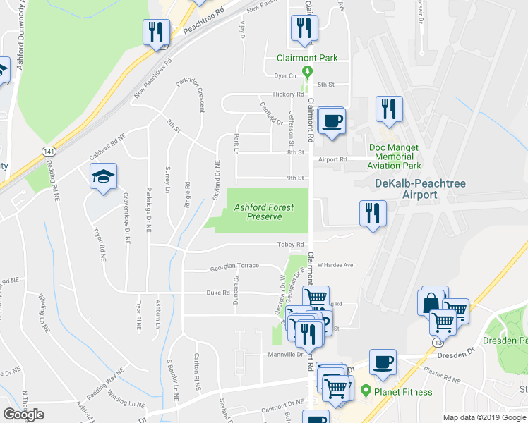 map of restaurants, bars, coffee shops, grocery stores, and more near 3890 Clairmont Road in Chamblee