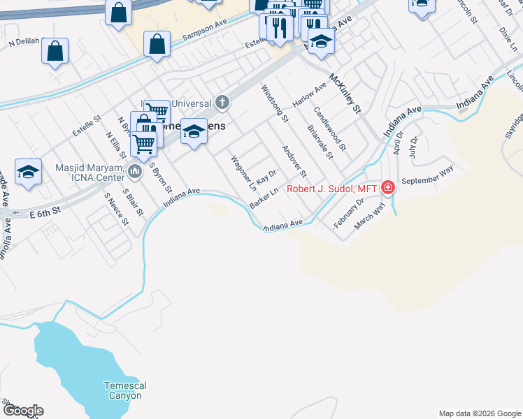 map of restaurants, bars, coffee shops, grocery stores, and more near 13441 Barker Lane in Corona