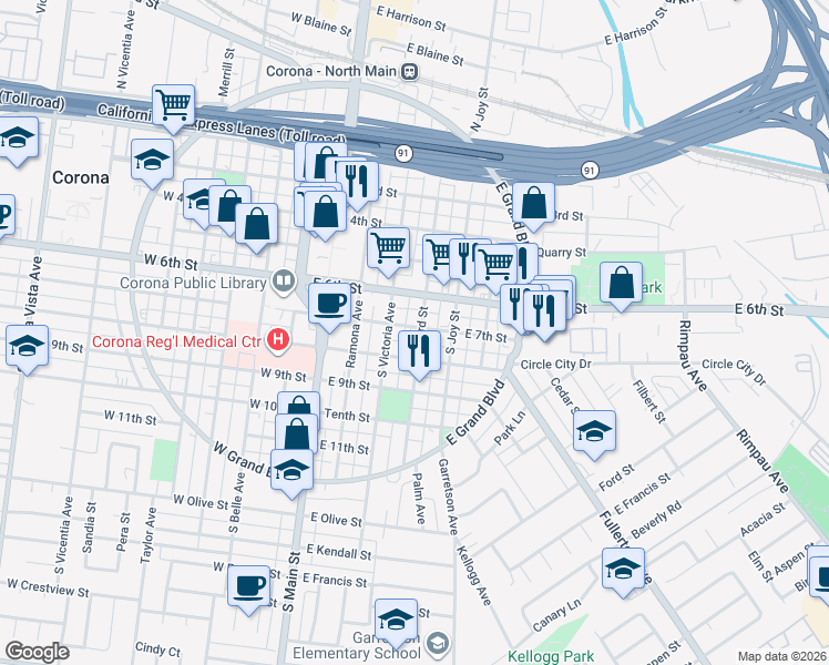 map of restaurants, bars, coffee shops, grocery stores, and more near 613 South Howard Street in Corona