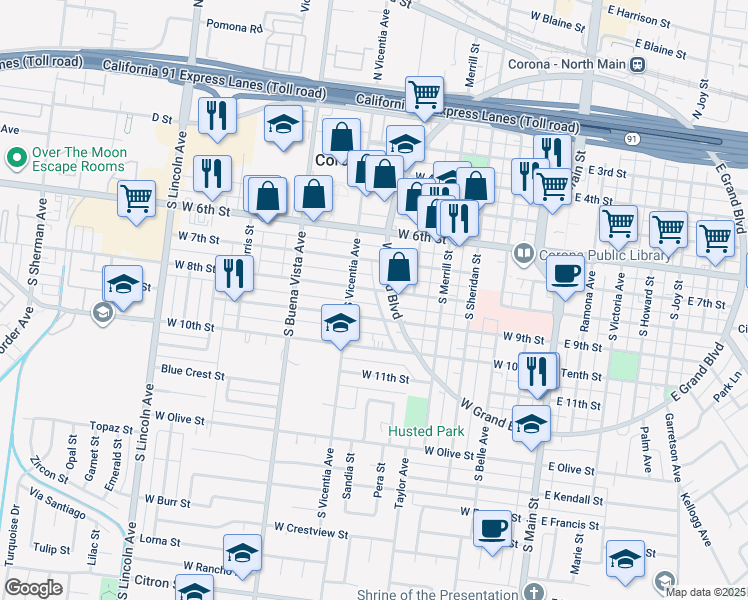 map of restaurants, bars, coffee shops, grocery stores, and more near 720 West Grand Boulevard in Corona
