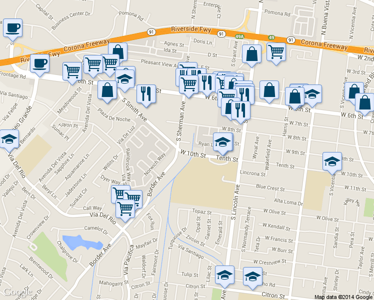 map of restaurants, bars, coffee shops, grocery stores, and more near 1245 West 9th Street in Corona