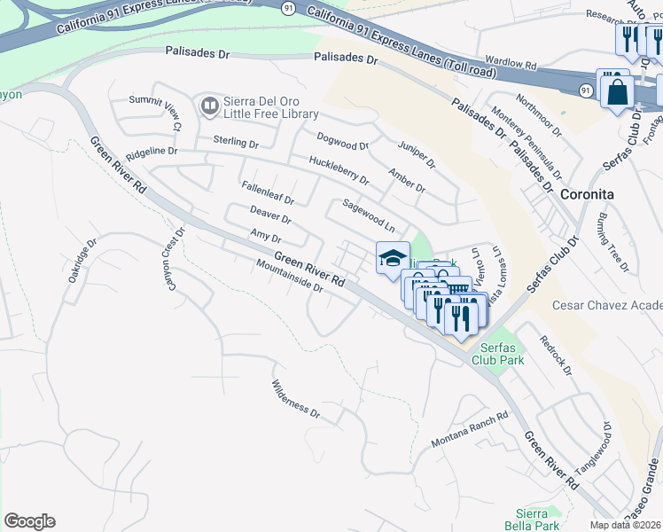 map of restaurants, bars, coffee shops, grocery stores, and more near 1187 Kraemer Drive in Corona
