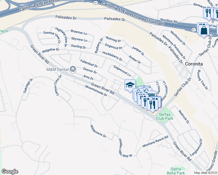 map of restaurants, bars, coffee shops, grocery stores, and more near 1187 Kraemer Drive in Corona